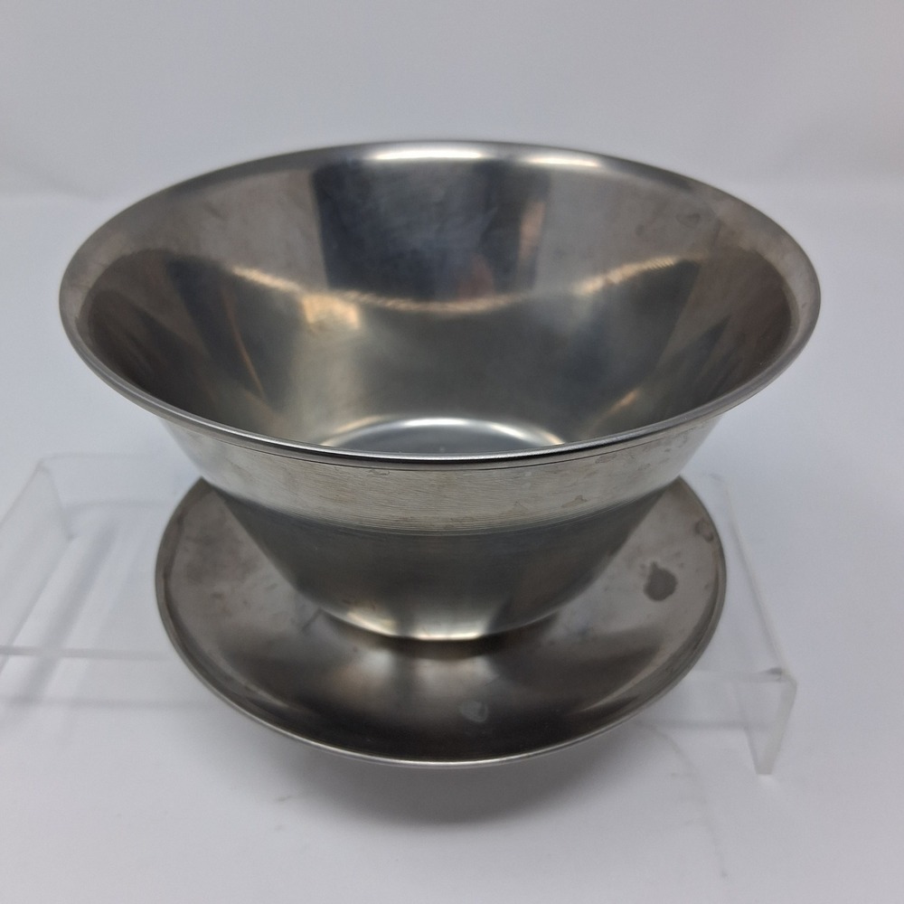Vintage Mid Century Modern Stainless Steel Bowl‎ Attached Underplate Denmark 6in